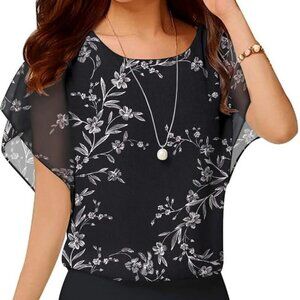 NWT Neineiwu Women's Size XS Chiffon Blouse Round Neck Short Sleeve Black Floral